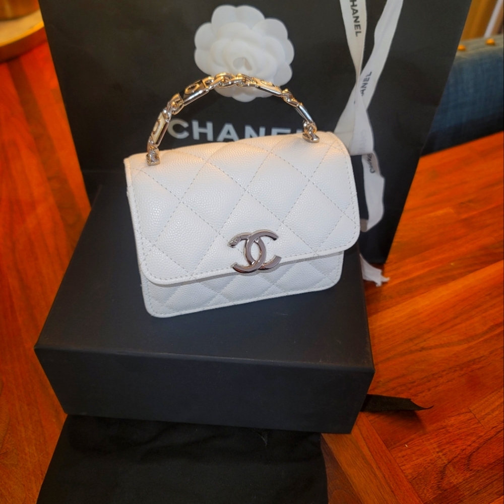 Chanel White Quilted Lambskin Leather Mini Coco Enamel Handle Bag